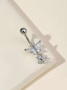 Rhinestone Butterfly Decor Navel Belly Ring Stainless Steel Popular Piercing Body Jewelry Gift For Women & Men - Silver - View 4