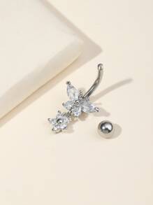 Rhinestone Butterfly Decor Navel Belly Ring Stainless Steel Popular Piercing Body Jewelry Gift For Women & Men - Silver - View 5