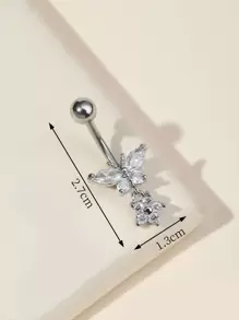 Rhinestone Butterfly Decor Navel Belly Ring Stainless Steel Popular Piercing Body Jewelry Gift For Women & Men - Silver - View 6