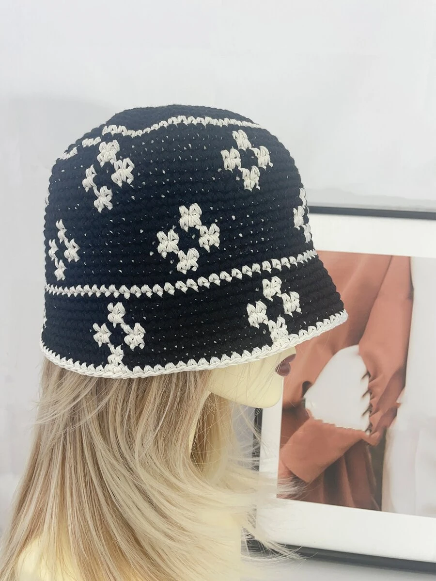 花卉圖案鉤織帽子 - 黑色 - 查看 1