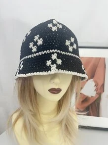 花卉圖案鉤織帽子 - 黑色 - 查看 2