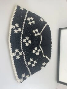 花卉圖案鉤織帽子 - 黑色 - 查看 3