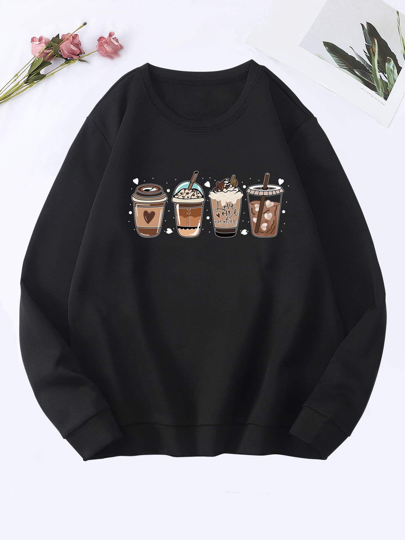 SHEIN EZwear Coffee Print Thermal Lined Sweatshirt - Black - View 1