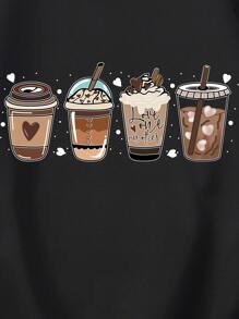 SHEIN EZwear Coffee Print Thermal Lined Sweatshirt - Black - View 5