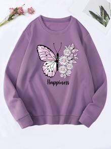 SHEIN EZwear Floral & Butterfly Print Thermal Lined Pullover - Mauve Purple - View 1