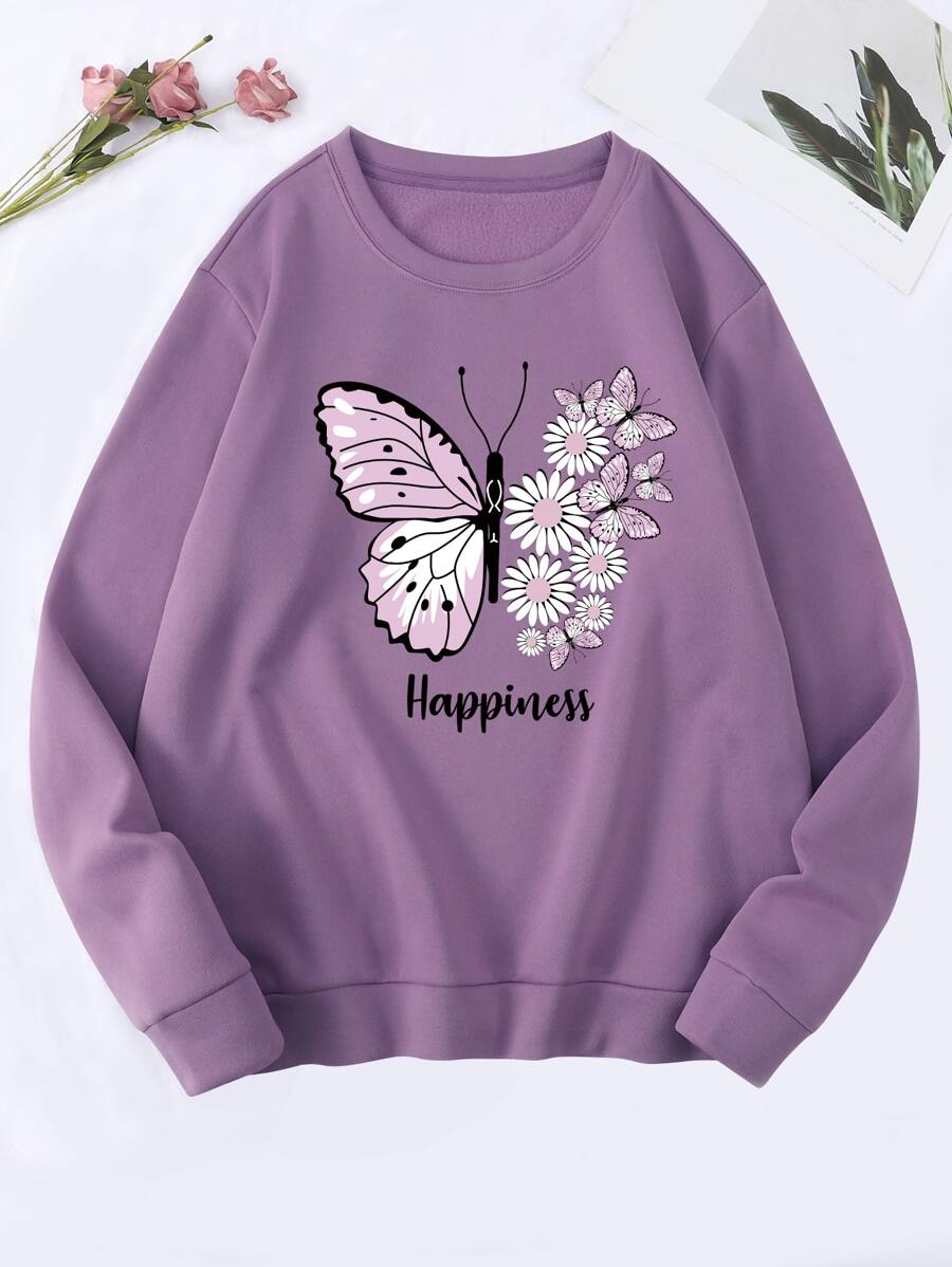 SHEIN EZwear Floral & Butterfly Print Thermal Lined Pullover - Mauve Purple - View 1