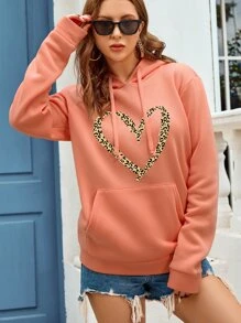 INAWLY 豹紋愛心印花袋鼠口袋抽繩加絨內裏連帽衫 - 珊瑚橙 - 查看 3