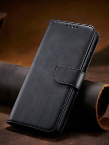 男士单件装牛皮纹PU翻盖手机壳，带支架、卡槽和钱包功能，兼容 6~15 Pro Max，兼容三星S23 Ultra/A14系列，国际版，非国内版 - 黑色 - 查看 4