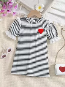SHEIN Toddler Girls Striped Print Heart Patched Ruffle Trim Puff Sleeve Dress - Black and White - View 1