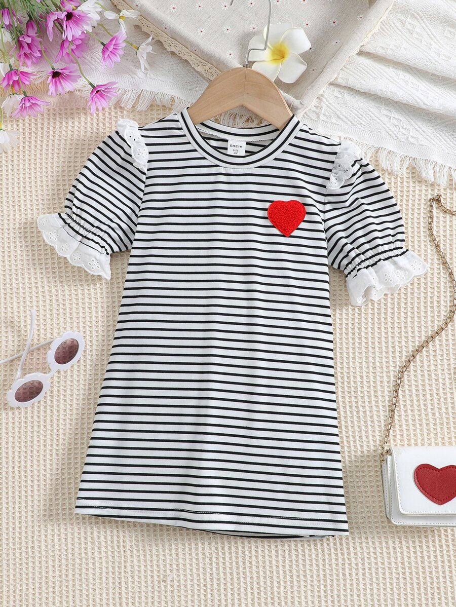 SHEIN Toddler Girls Striped Print Heart Patched Ruffle Trim Puff Sleeve Dress - Black and White - View 1