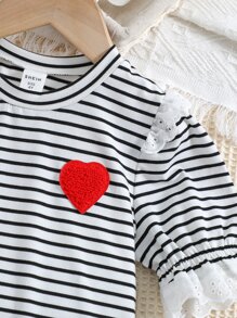 SHEIN Toddler Girls Striped Print Heart Patched Ruffle Trim Puff Sleeve Dress - Black and White - View 3