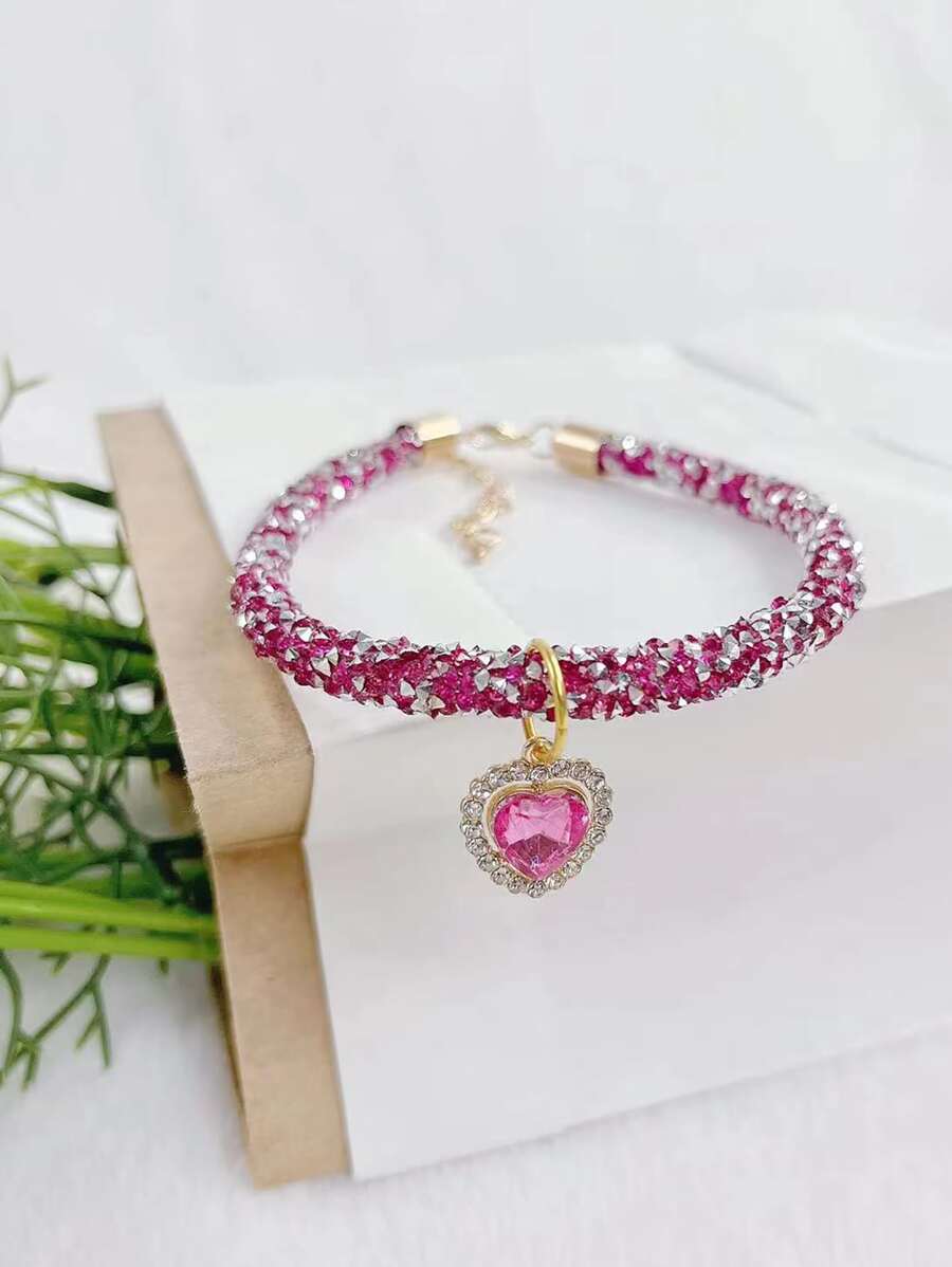 Rhinestone Decor Heart Charm Pet Necklace - Hot Pink - View 1