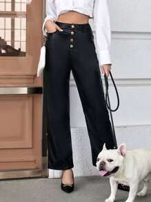 Pantalones rectos con botón con bolsillo oblicuo - Negro - Ver 3