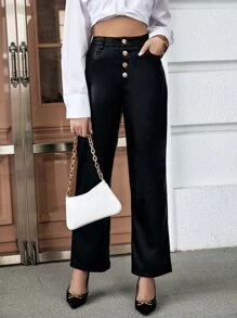 Pantalones rectos con botón con bolsillo oblicuo - Negro - Ver 6