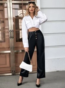 Pantalones rectos con botón con bolsillo oblicuo - Negro - Ver 1