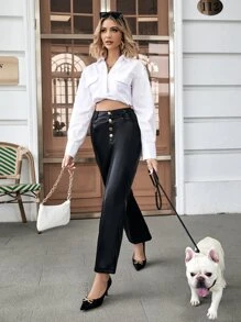 Pantalones rectos con botón con bolsillo oblicuo - Negro - Ver 2