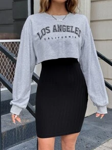 SHEIN EZwear Letter Graphic Drop Shoulder Crop Sweatshirt & Bodycon Dress - Multicolor - View 6