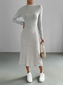 SHEIN EZwear Mock Neck Ribbed Knit Dress - Light Grey - View 1