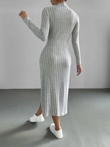 SHEIN EZwear Mock Neck Ribbed Knit Dress - Light Grey - View 2