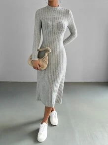 SHEIN EZwear Mock Neck Ribbed Knit Dress - Light Grey - View 3