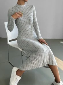 SHEIN EZwear Mock Neck Ribbed Knit Dress - Light Grey - View 4