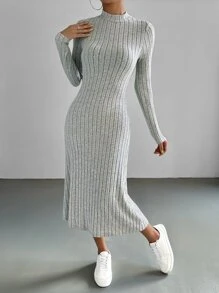 SHEIN EZwear Mock Neck Ribbed Knit Dress - Light Grey - View 5