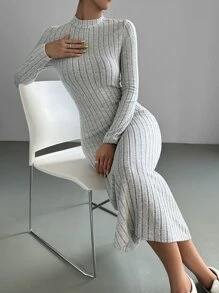 SHEIN EZwear Mock Neck Ribbed Knit Dress - Light Grey - View 6