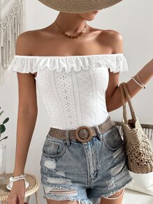 SHEIN VCAY Áo hai dây Xù Tranh thêu màu trơn Boho - trắng - Xem 5