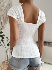 SHEIN VCAY Áo thun nữ Xù Tranh thêu màu trơn Boho - trắng - Xem 2