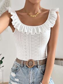 SHEIN VCAY Áo hai dây Xù Tranh thêu màu trơn Boho - trắng - Xem 6