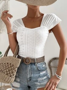 SHEIN VCAY Áo thun nữ Xù Tranh thêu màu trơn Boho - trắng - Xem 3