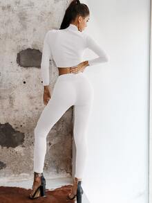 Set Top crop de cuello alto con estampado de letra & Leggings - Blanco - Ver 2