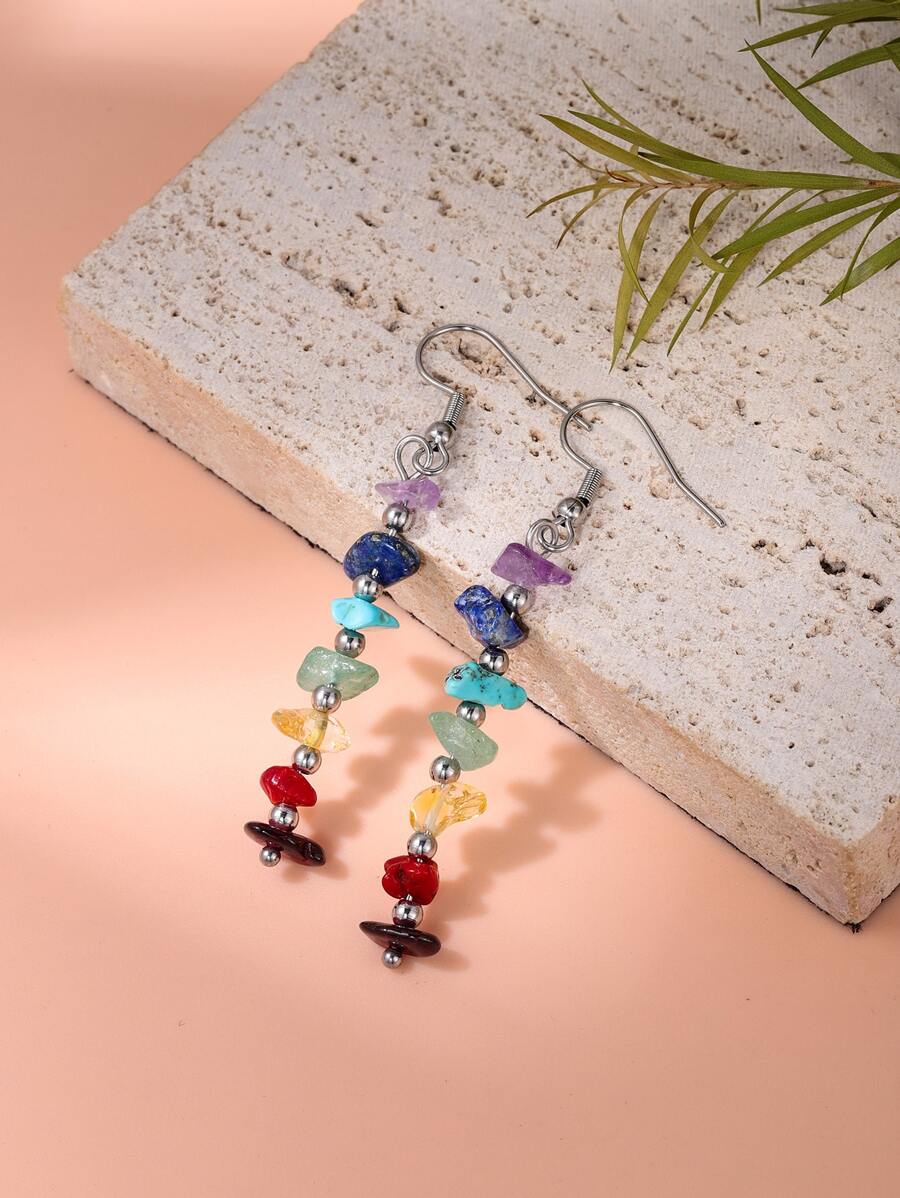 Stone Beaded Drop Earrings - Multicolor - View 1