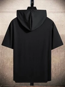 Manfinity Homme 男士口号图案原宿短袖抽绳连帽 T 恤，适合男朋友外出 - 黑色 - 查看 2