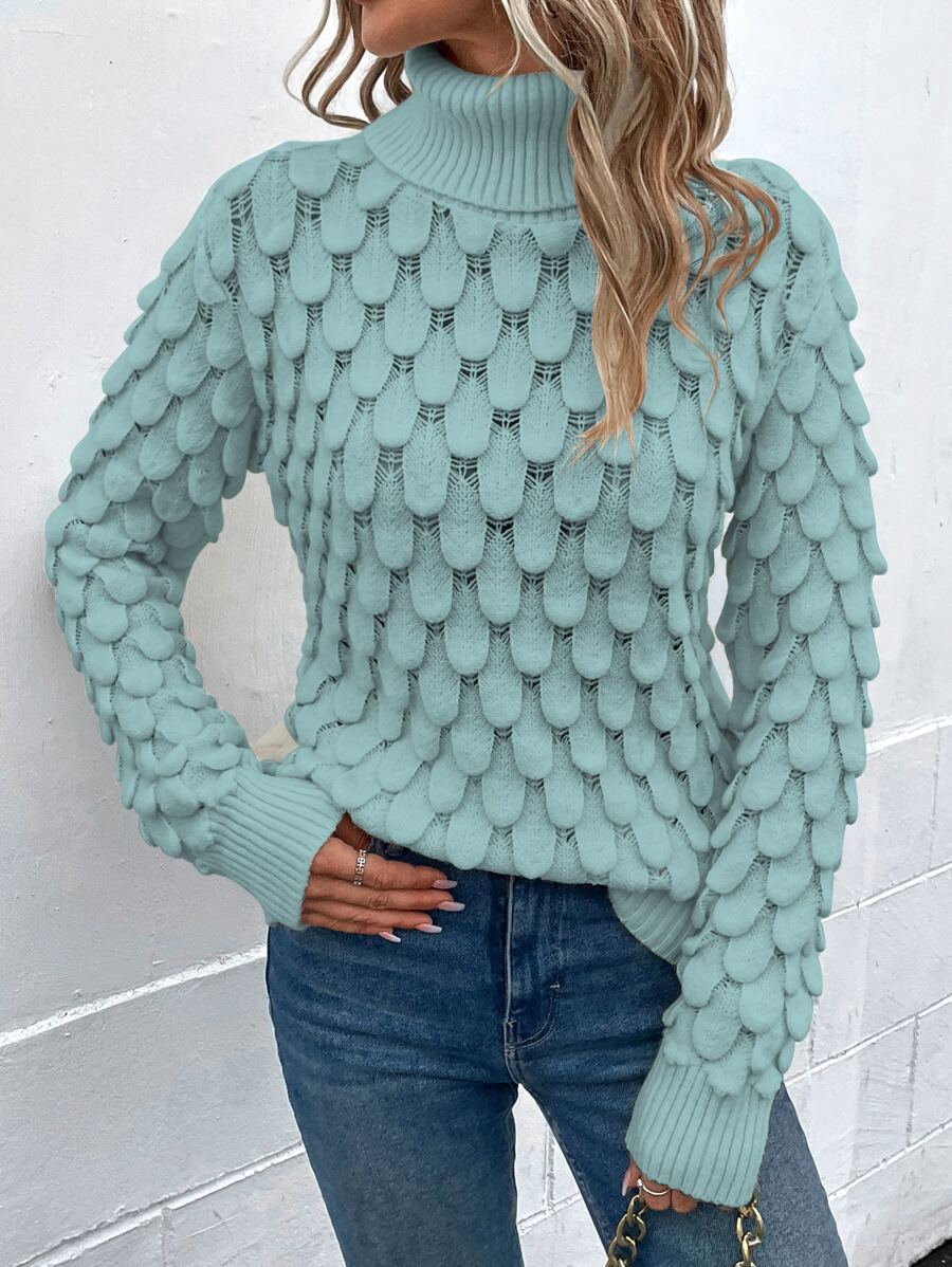 SHEIN LUNE Turtleneck Pointelle Knit Drop Shoulder Jumper - Blue - View 1