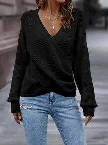 SHEIN LUNE Solid Crossover Drop Shoulder Jumper - Black - View 3