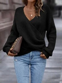 SHEIN LUNE Solid Crossover Drop Shoulder Jumper - Black - View 4