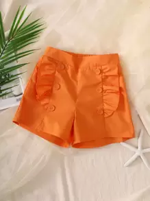 小女童荷葉邊雙排釦短褲 - 橘色 - 查看 1