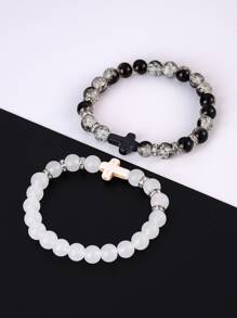 2 piezas Pulsera con cuenta cruzado & con diseño de diamante de imitación - Blanco y Negro - Ver 1