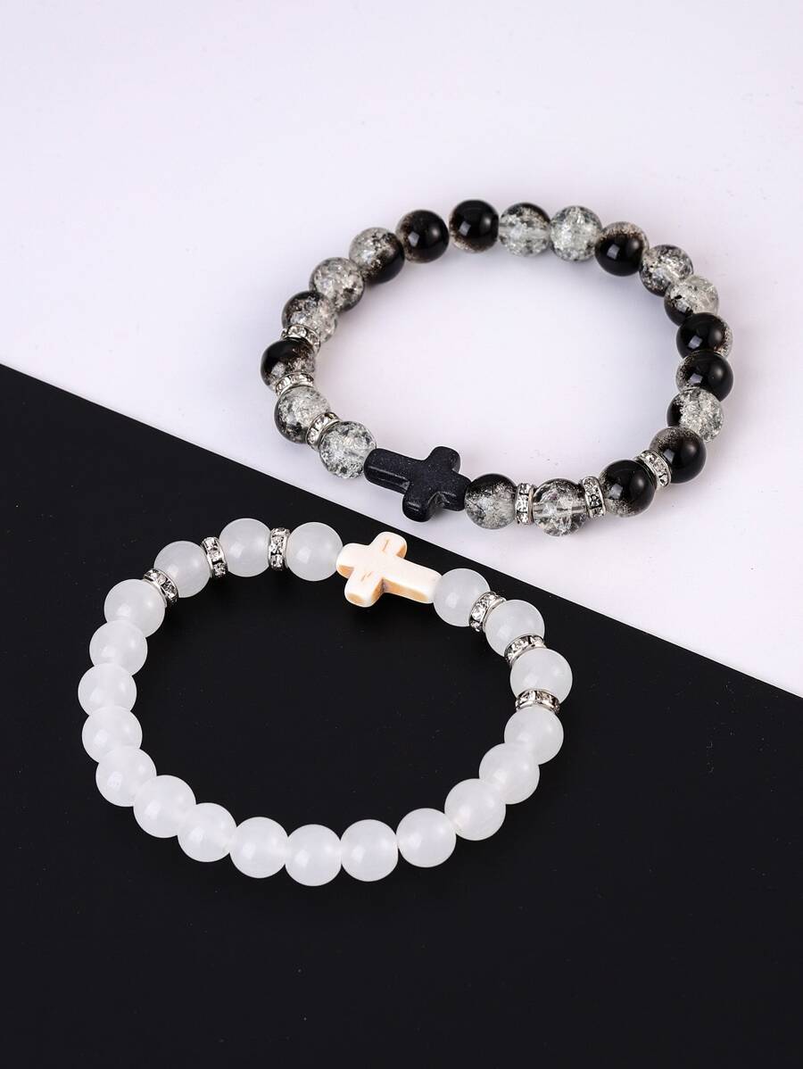 2 piezas Pulsera con cuenta cruzado & con diseño de diamante de imitación - Blanco y Negro - Ver 1