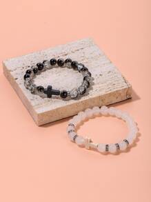 2 piezas Pulsera con cuenta cruzado & con diseño de diamante de imitación - Blanco y Negro - Ver 2