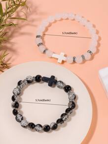 2 piezas Pulsera con cuenta cruzado & con diseño de diamante de imitación - Blanco y Negro - Ver 4
