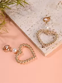 人造珍珠心形装饰夹式耳环 情人节、妈妈、母亲、母亲节、礼物 - 彩色 - 查看 4