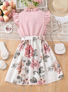 Tween Girl Floral Print Frill Neck Ruffle Trim Dress - Multicolor - View 2
