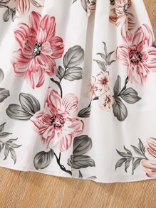 Tween Girl Floral Print Frill Neck Ruffle Trim Dress - Multicolor - View 6