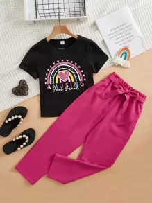 SHEIN Bộ hai mảnh Gái Túi Thắt lưng Quần paper-bag Tim Lá thư Giải trí - Nhiều màu - Xem 1