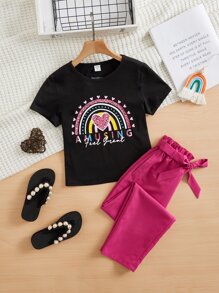 SHEIN Bộ hai mảnh Gái Túi Thắt lưng Quần paper-bag Tim Lá thư Giải trí - Nhiều màu - Xem 4