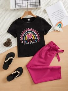 SHEIN Bộ hai mảnh Gái Túi Thắt lưng Quần paper-bag Tim Lá thư Giải trí - Nhiều màu - Xem 5