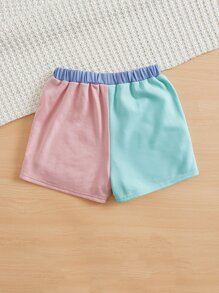 SHEIN Girls Letter Embroidery Colourblock Tie Front Shorts - Multicolor - View 2