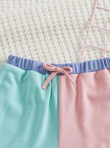 SHEIN Girls Letter Embroidery Colourblock Tie Front Shorts - Multicolor - View 3